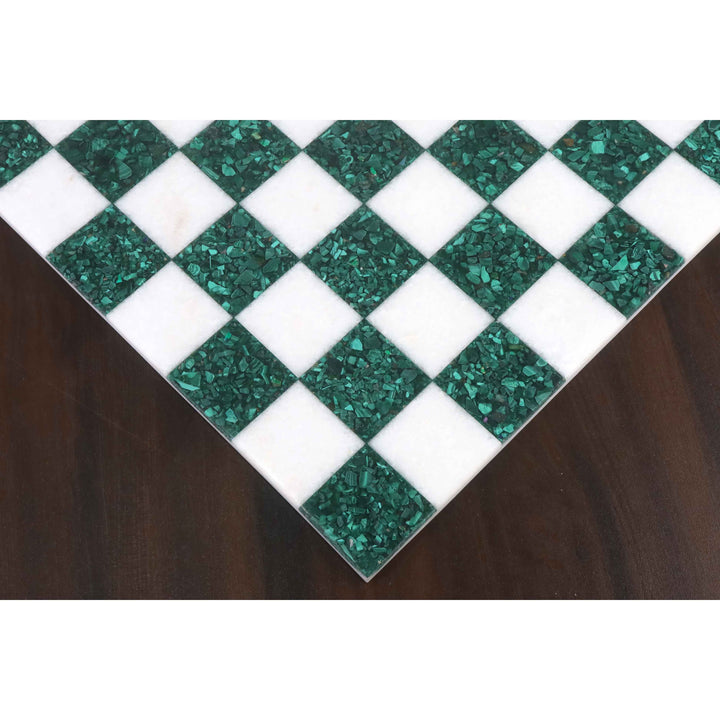 Detail of the corner squares on a 15 inch green malachite and white stone borderless chess board.