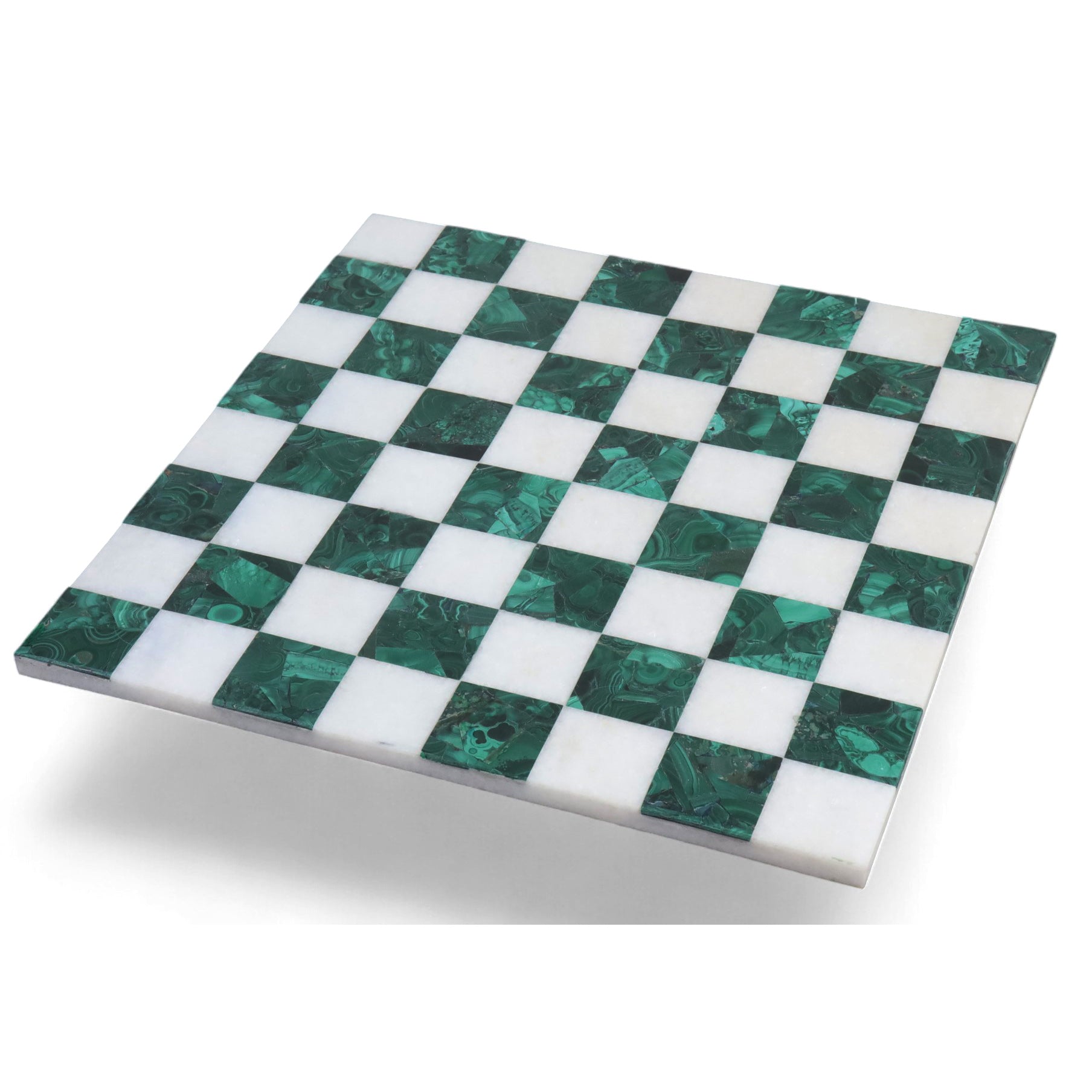 15 inch borderless luxury chess board handcrafted from green malachite and white semi-precious stone.