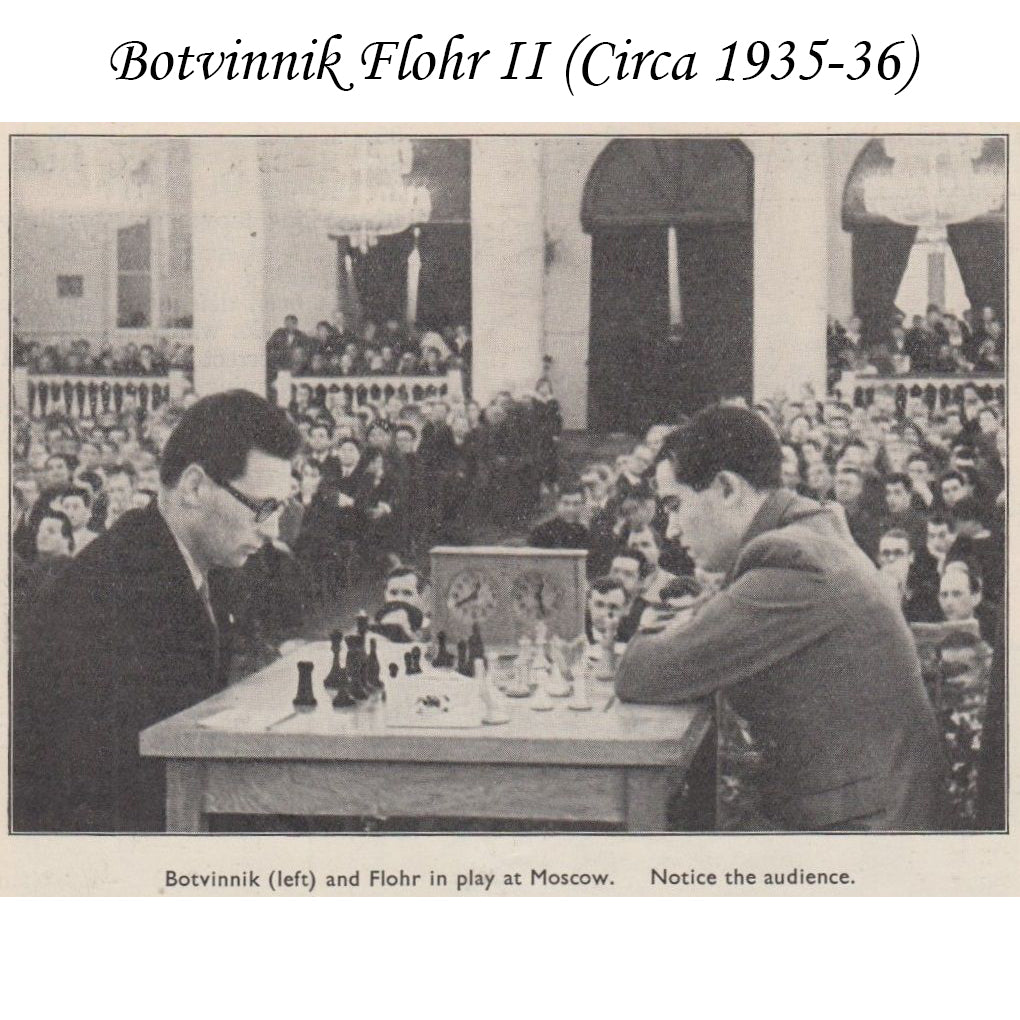 Historical photo of Botvinnik and Flohr playing with the original Soviet chess pieces in Moscow.