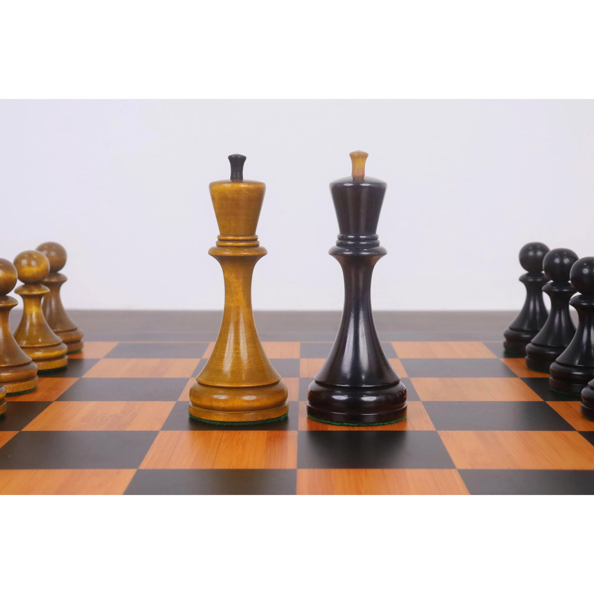 1935 Botvinnik Flohr-II Soviet Kings with opposite colored finials in antiqued and ebonised wood.