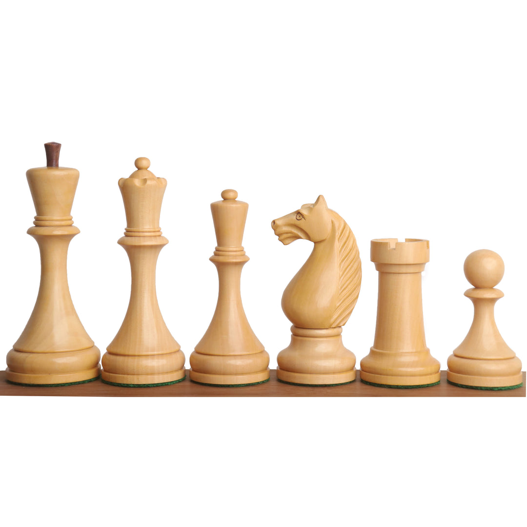 Boxwood Soviet chess pieces including king, queen, bishop, knight, rook, and pawn in 1935 style.