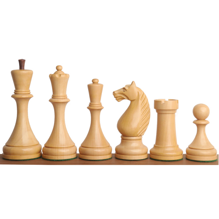 Boxwood Soviet chess pieces including king, queen, bishop, knight, rook, and pawn in 1935 style.