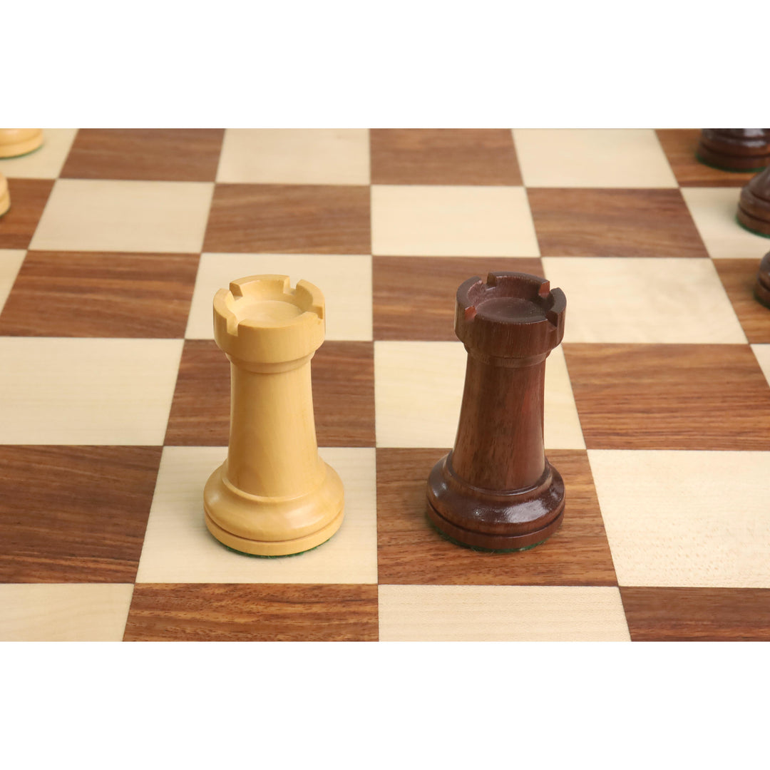 Minimalist Soviet style rooks from the 1935 Botvinnik Flohr II set in rosewood and boxwood.