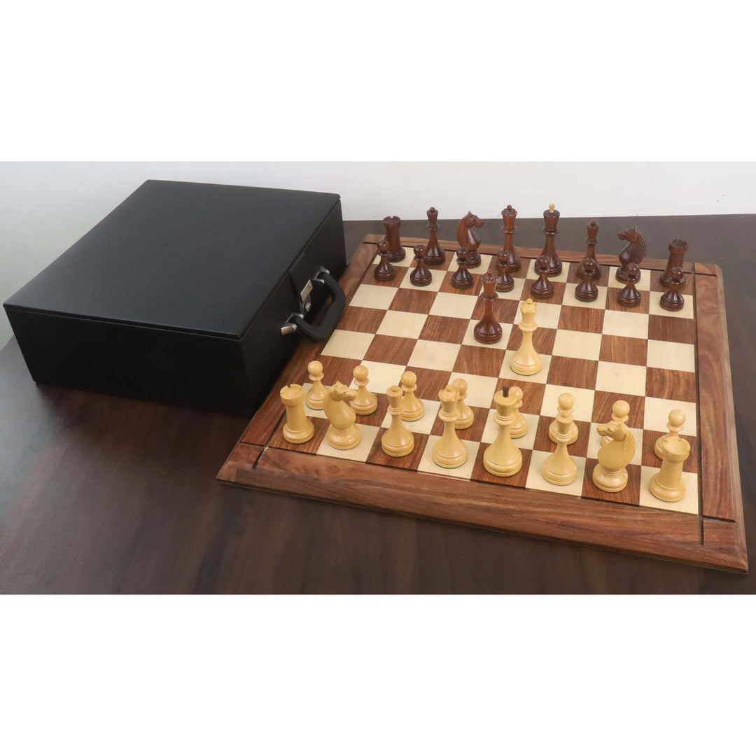 1935 Botvinnik Flohr II chess pieces on a wooden board with a black leatherette carry case.