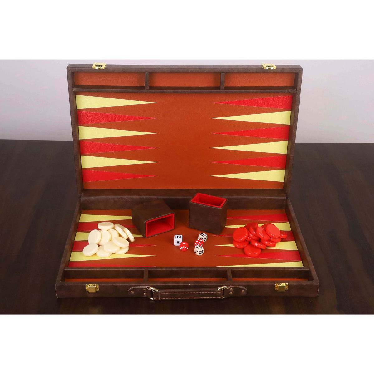 Symmetrical view of an open 18 inch backgammon set with chips, dice, and leatherette cups.