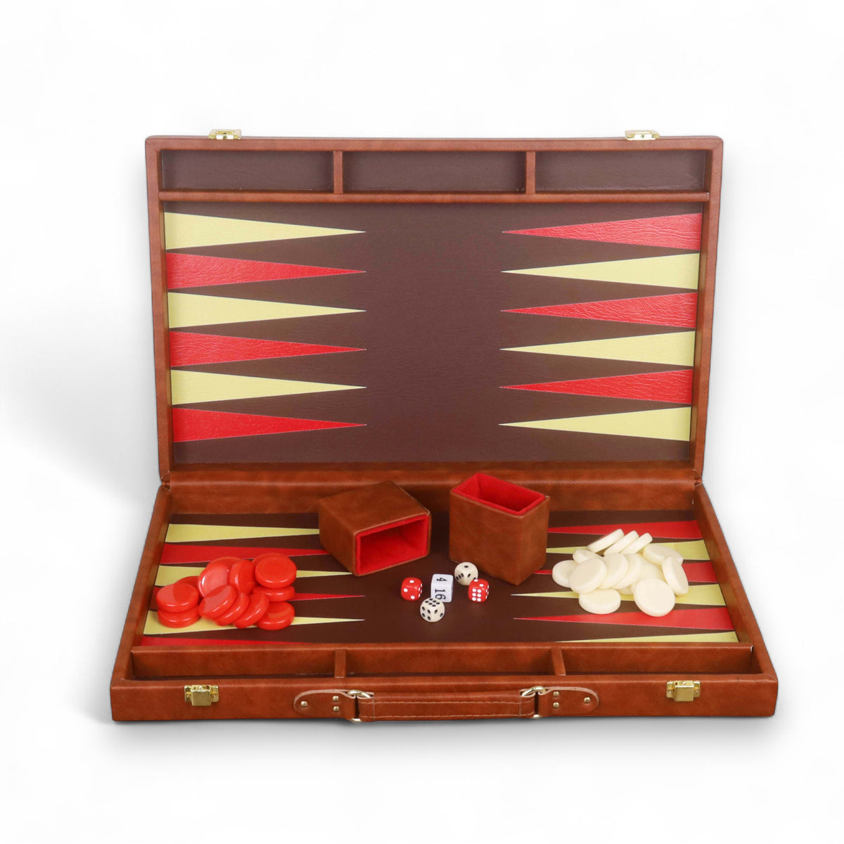 Open cognac brown leatherette backgammon set with red and white checkers, dice, and felt-lined cups.