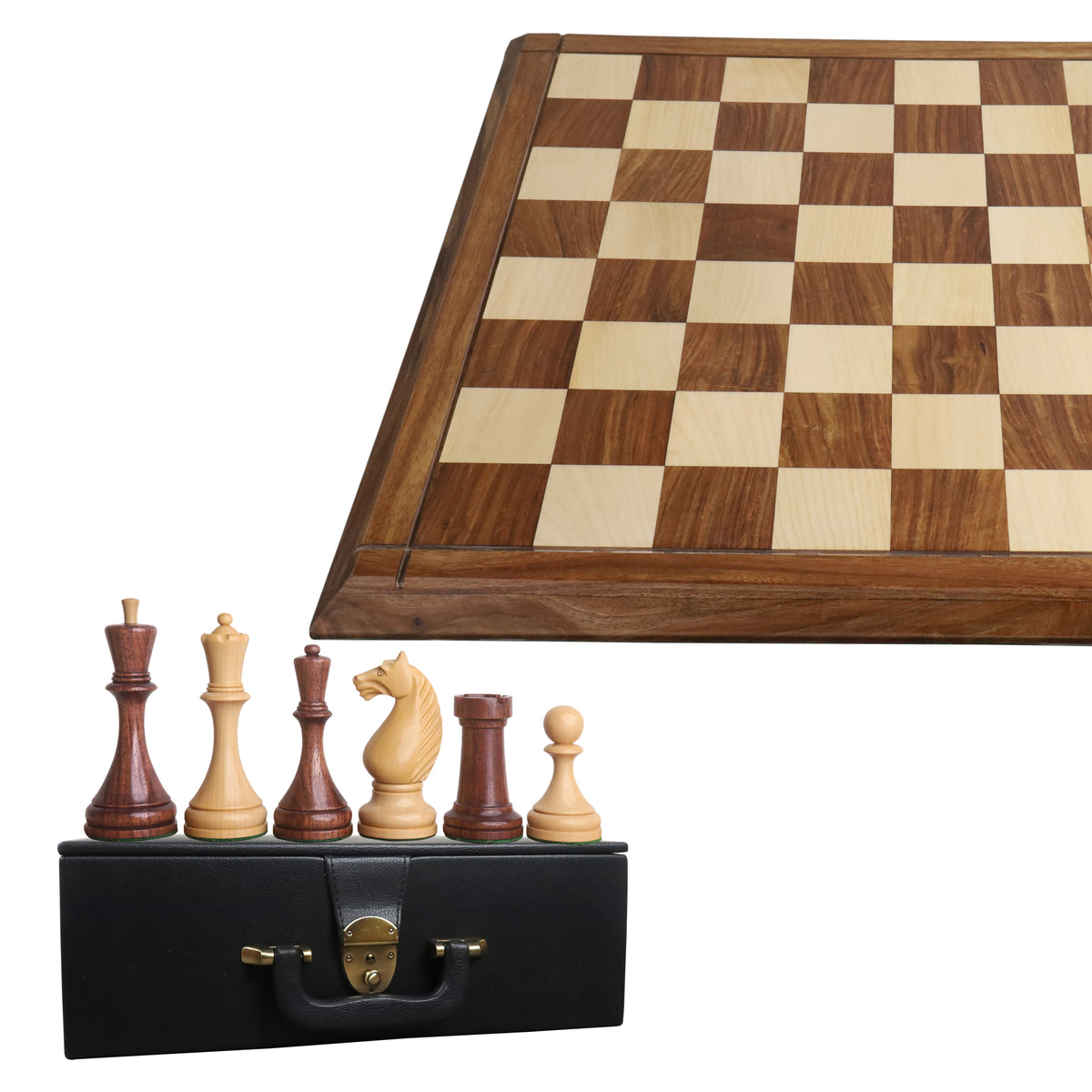 Jeu d'échecs soviétique Botvinnik Flohr-II de 1935 - Pièces en palissandre doré avec planche et boîte