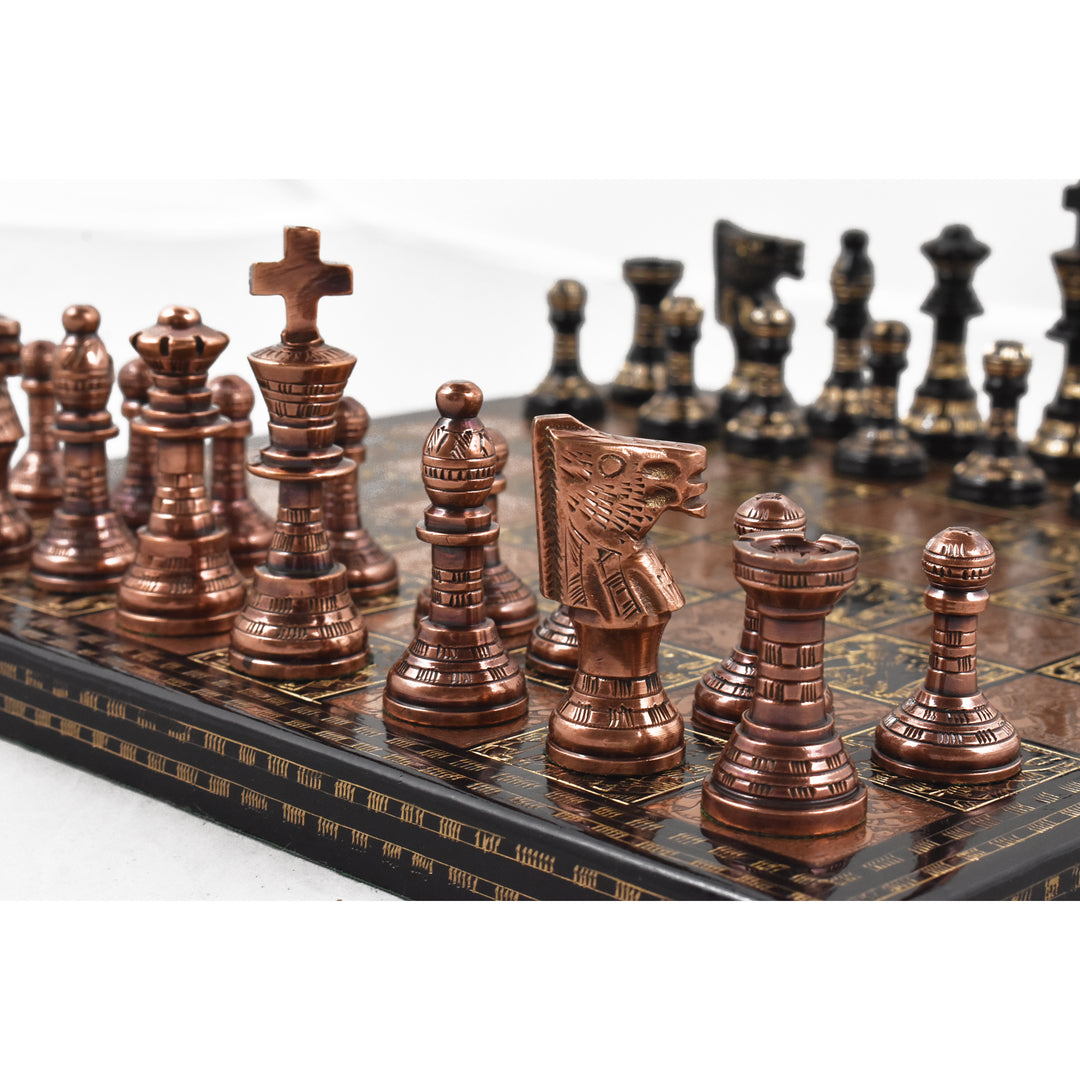 Close-up of hand-carved antiqued copper French Staunton knight and king chess pieces.