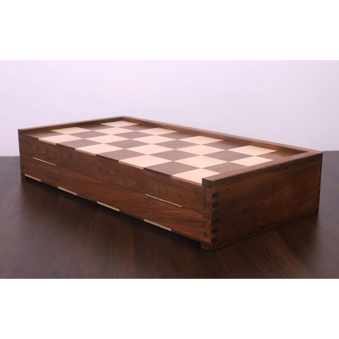 Side profile of the folding Dubrovnik chess board showing the thick wooden frame and golden hinges.