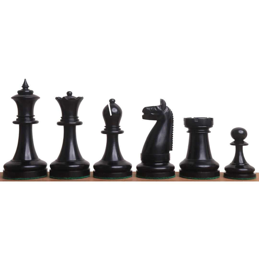 Row of ebonized boxwood chess pieces from the 1900s American Chess Company reproduction.