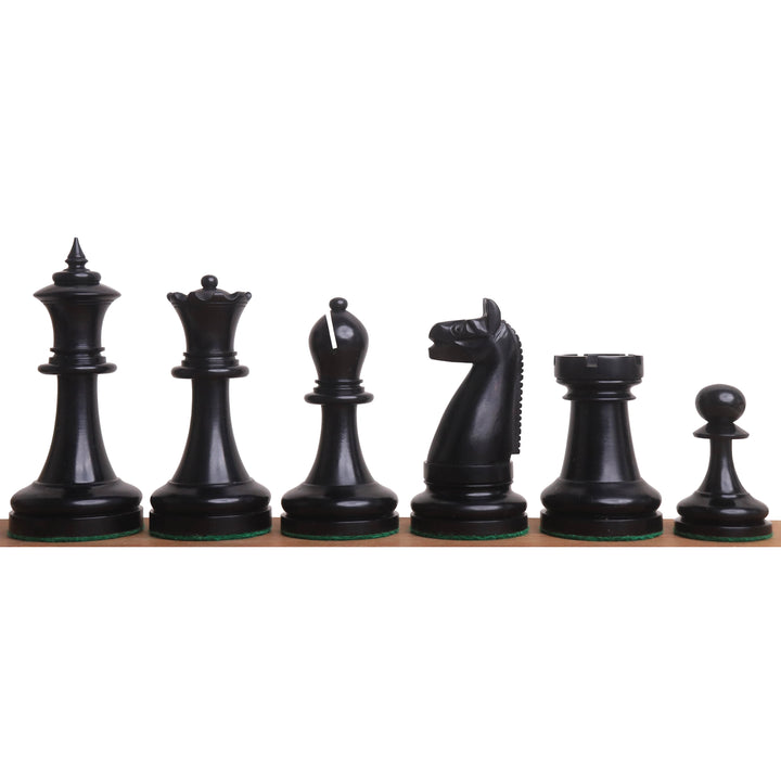 Row of ebonized boxwood chess pieces from the 1900s American Chess Company reproduction.