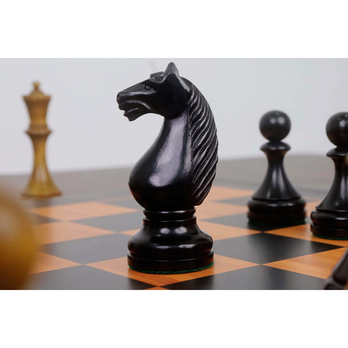 Ebonised boxwood Soviet knight piece with distinctive 1935 Moscow tournament styling.