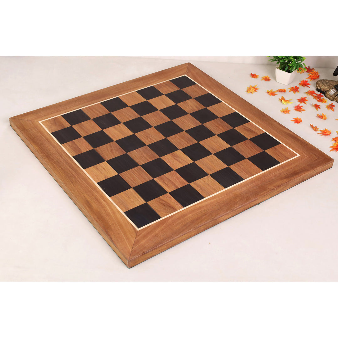 Angled view of the handcrafted Ebony and Acacia wood chess board showcasing its antique-inspired design and tournament-sized 57mm squares.