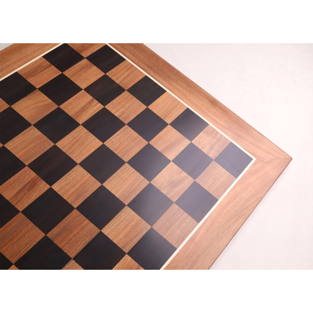 Detailed view of the handcrafted Acacia wood border with maple inlay on the 22.5-inch antique-style chess board.