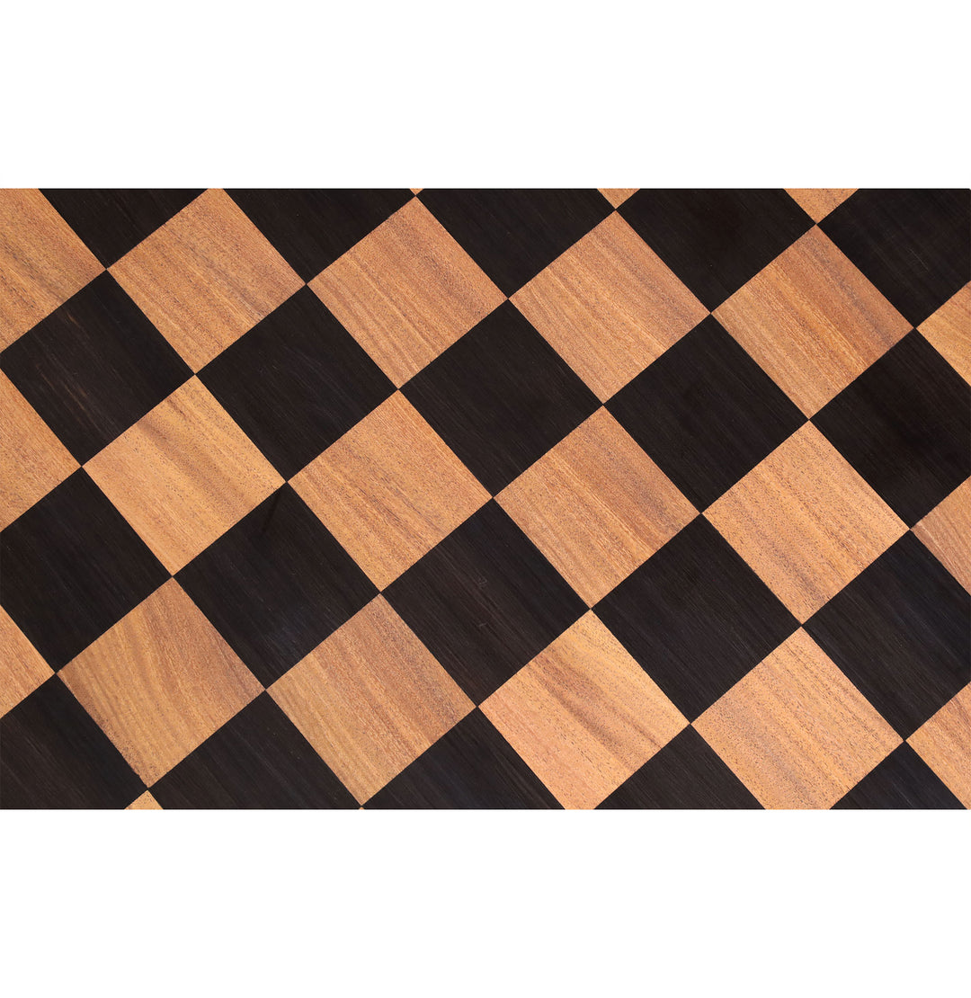 Close-up of the Ebony and Acacia wood playing squares highlighting the rich natural grain, handcrafted construction, and timeless antique character.