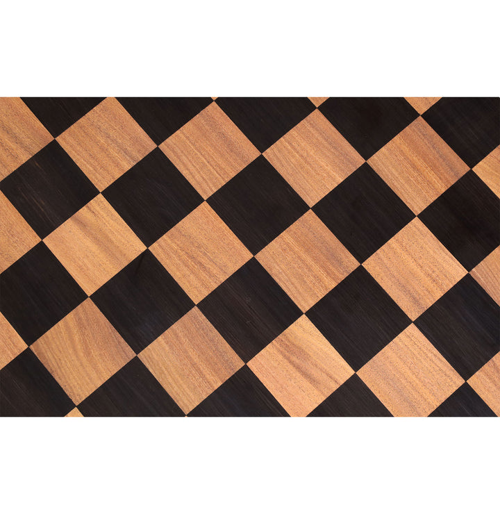 Close-up of the Ebony and Acacia wood playing squares highlighting the rich natural grain, handcrafted construction, and timeless antique character.