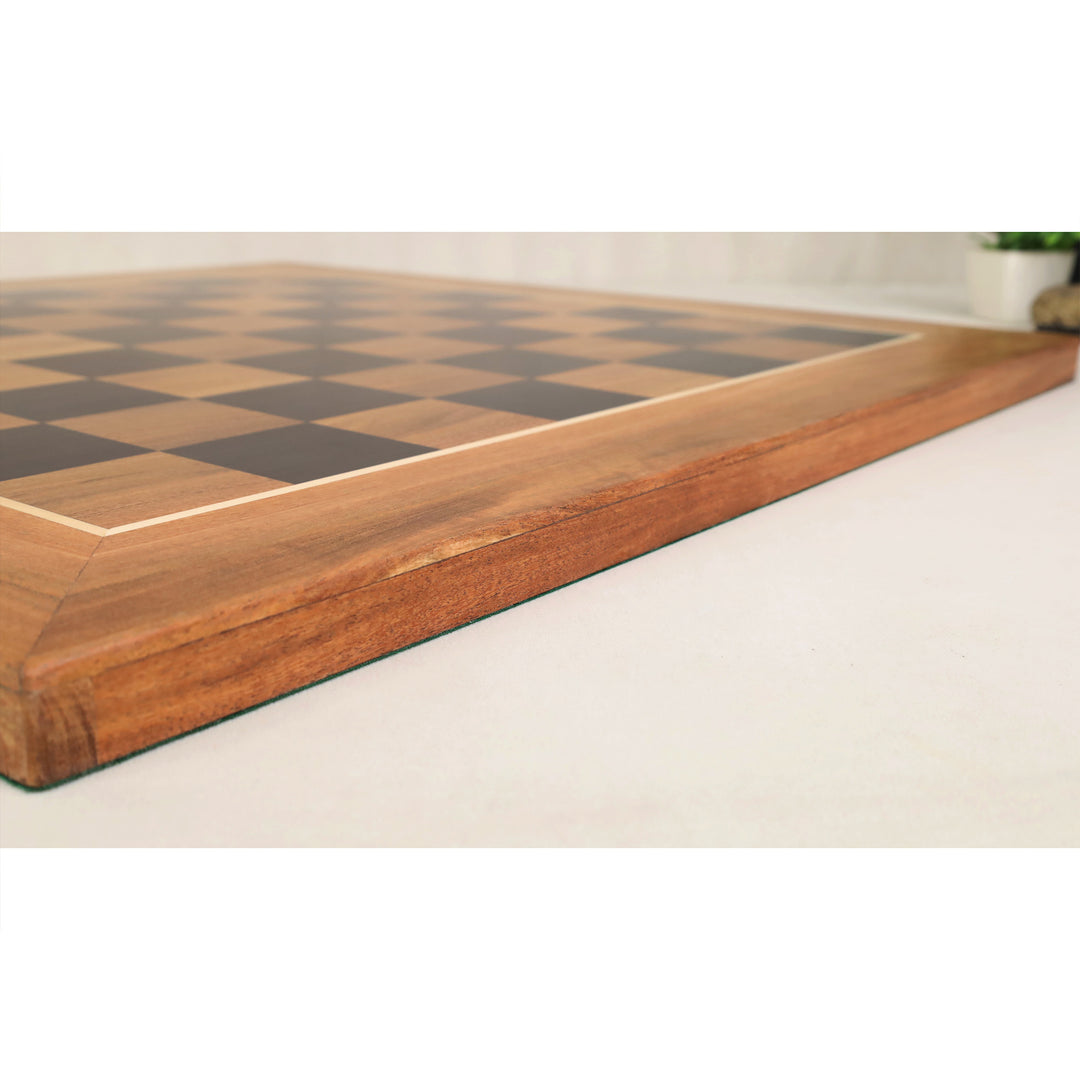 Low-profile side view of the handcrafted Ebony and Acacia wood chess board highlighting its elegant thickness and refined finish.
