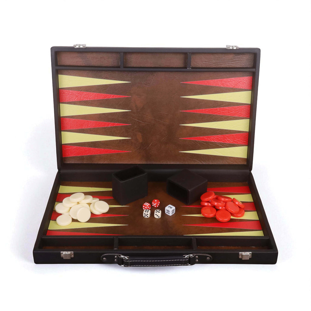 18 inch ebony black backgammon set fully open with organized red and cream playing pieces.