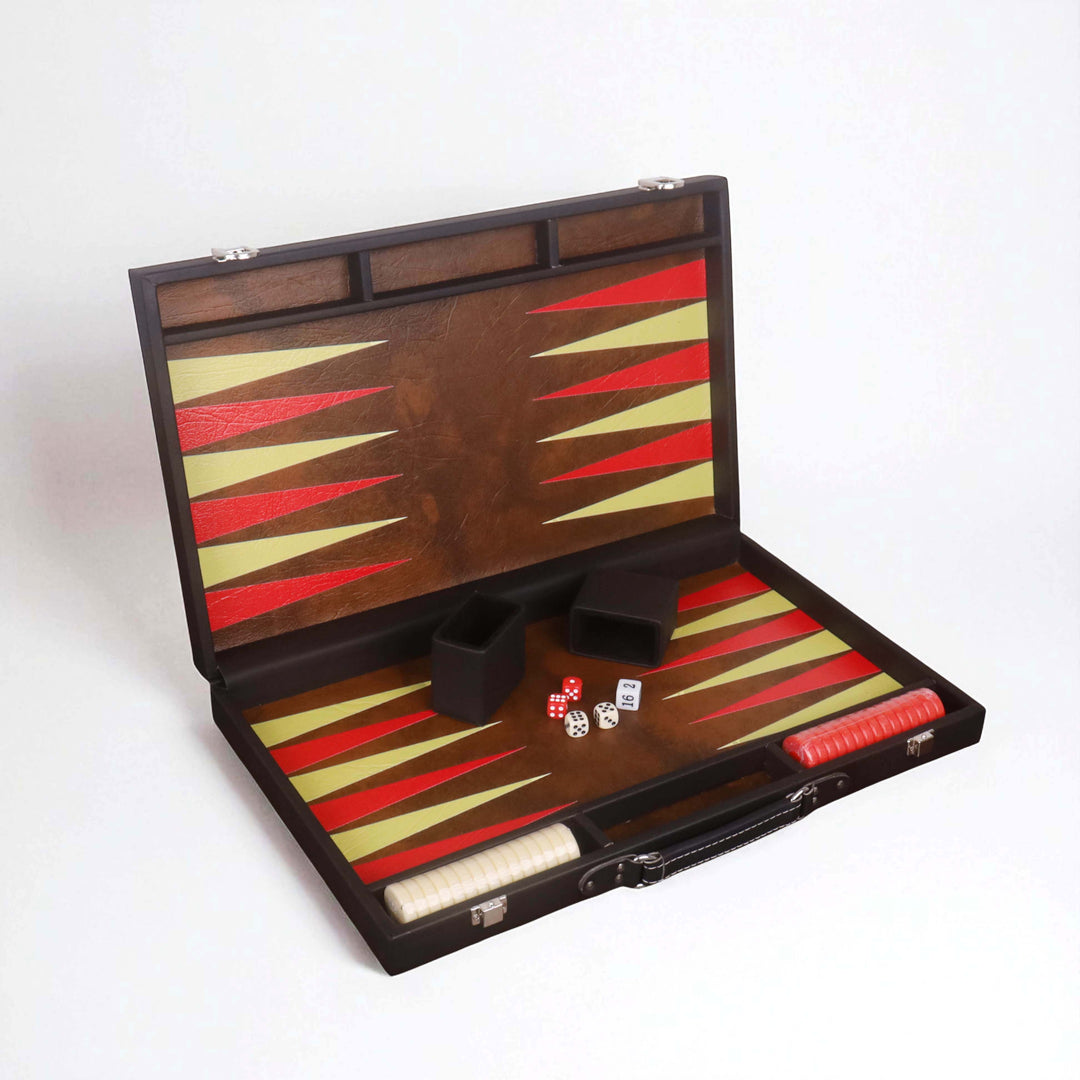 Open 18 inch ebony leatherette backgammon set with red and brown inlays and dice accessories.