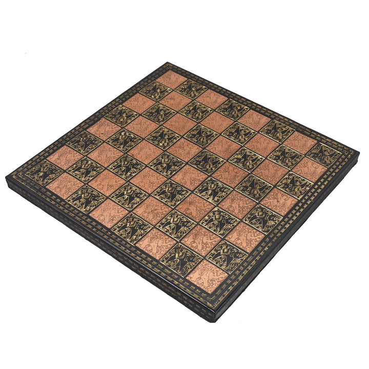 Premium 12 inch brass chess board featuring intricate black and copper etched elephant motifs.