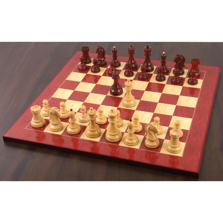Full Fischer Dubrovnik chess set in Bud Rosewood and Boxwood arranged on a gloss chess board.