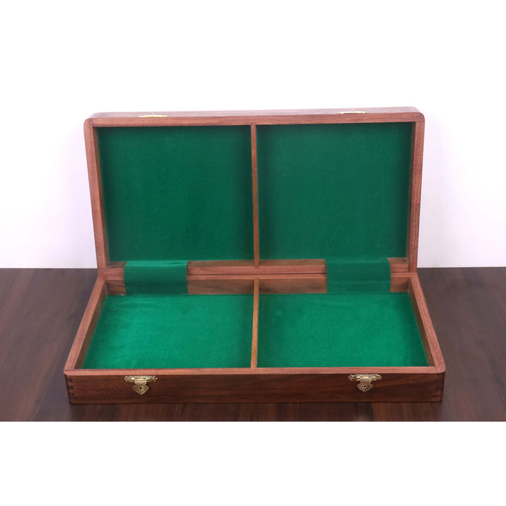 Interior of the folding chess board featuring green felt lining and compartments for piece storage.