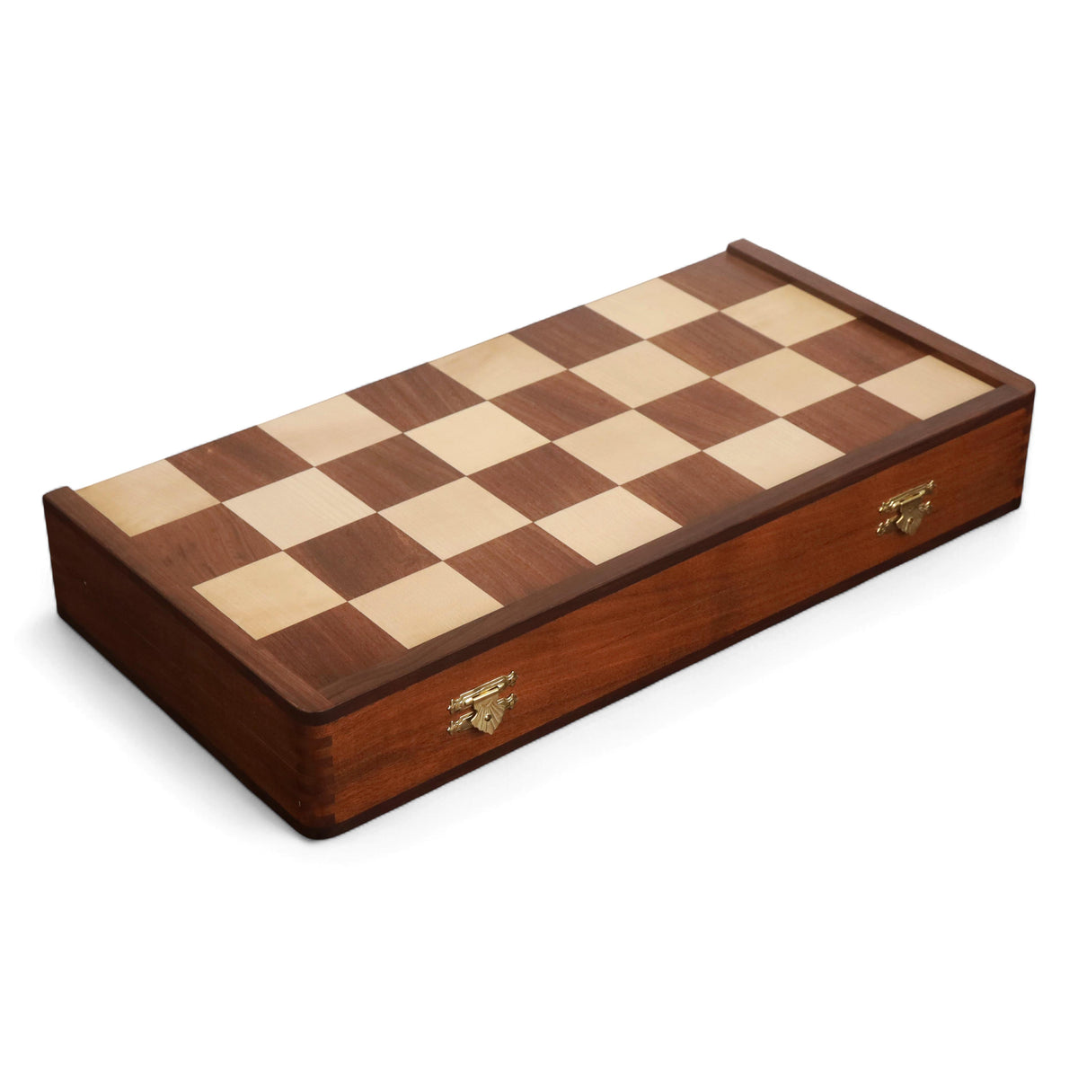 Closed folding Dubrovnik chess board featuring premium wood finish and sturdy brass latches.