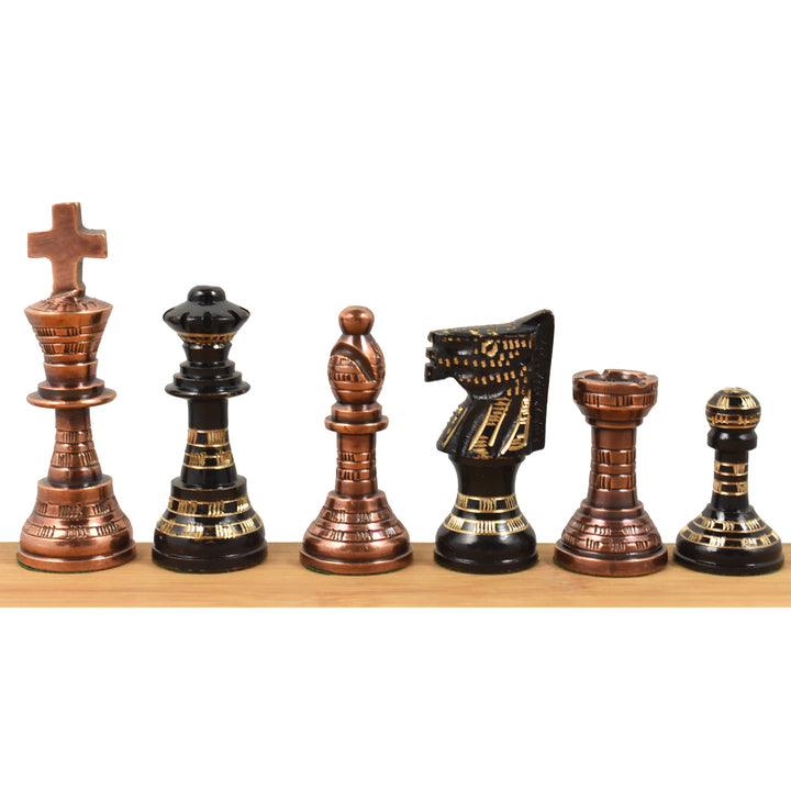 Complete set of French Staunton chess pieces in antiqued copper and black metal finishes.