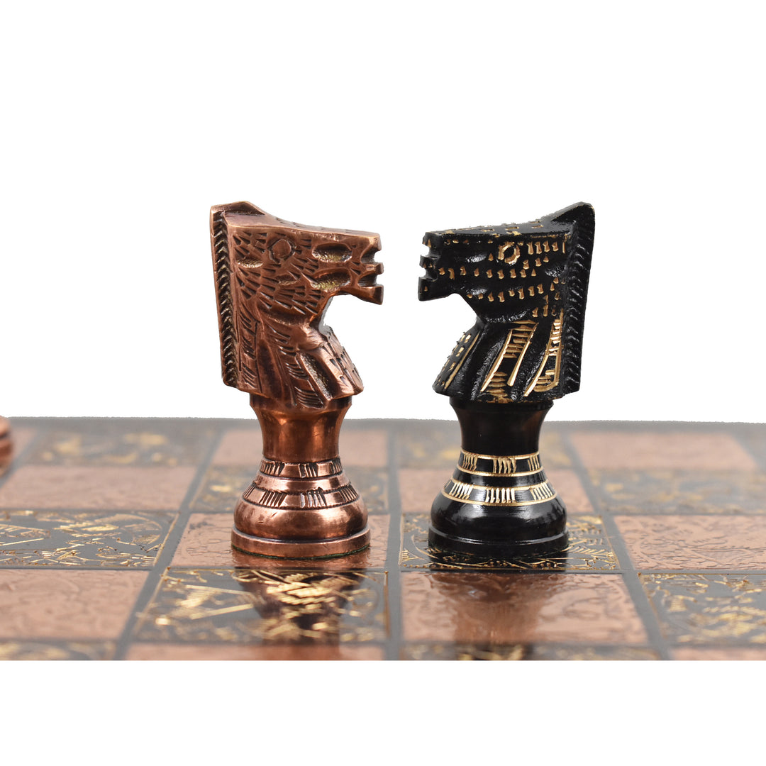 Hand-carved copper and black metal knights from the luxury French Staunton brass chess set.