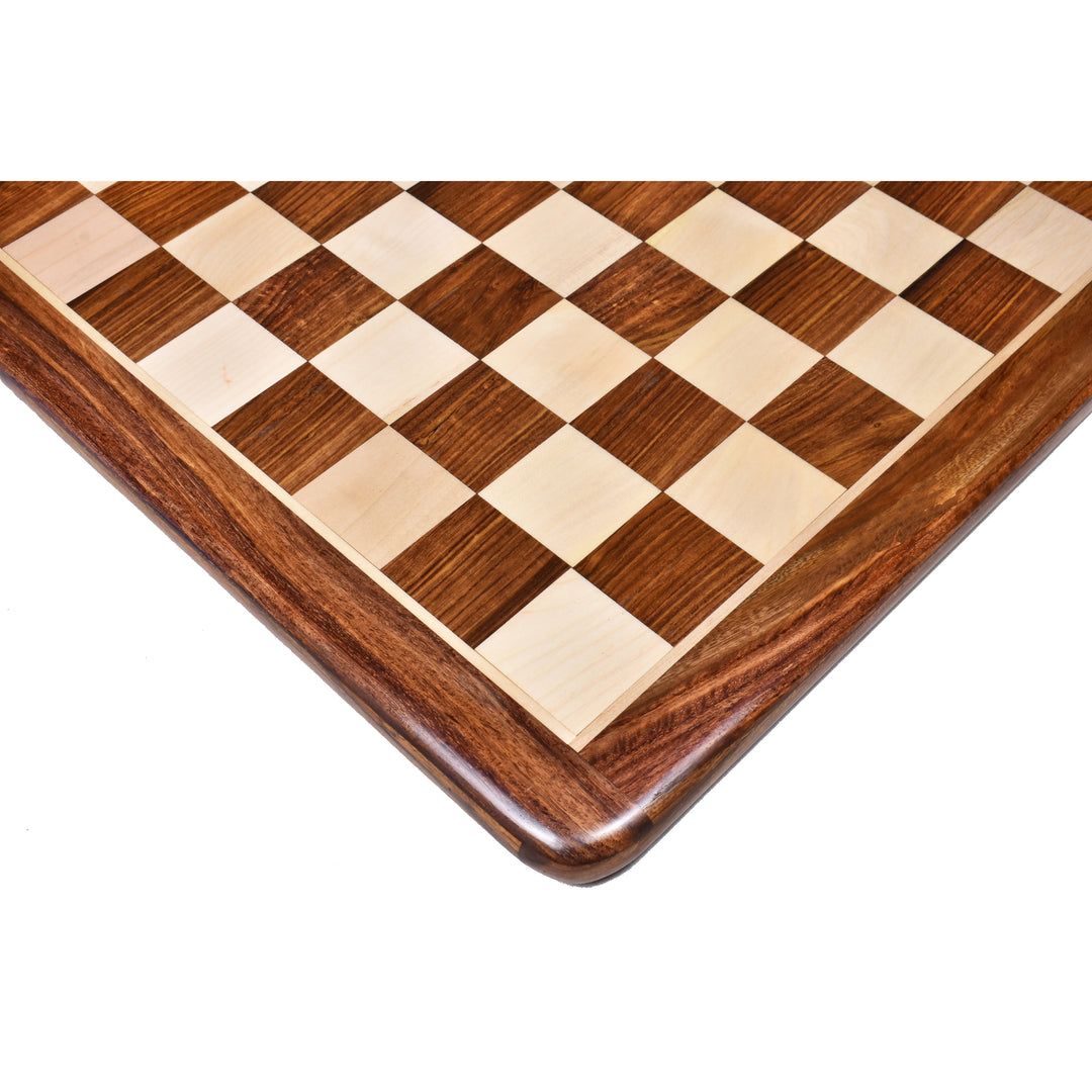 Close-up of a 17 inch inlaid wooden chess board corner featuring golden rosewood and maple squares.