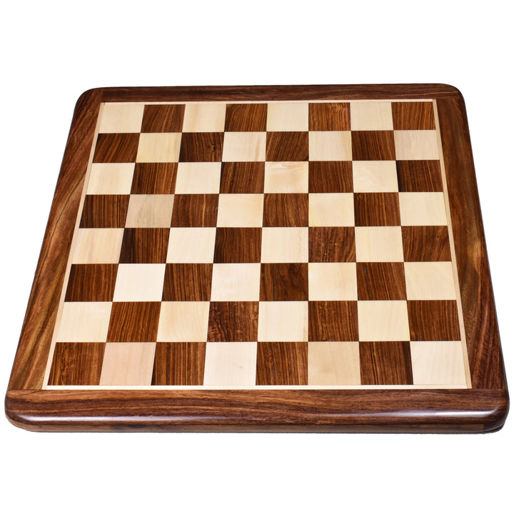 Premium 17 inch inlaid wood chess board with 45mm squares in golden rosewood and maple wood.