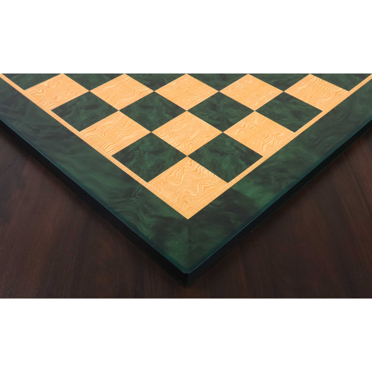 Perspective lifestyle shot of the 22" green ash burl and boxwood printed chess board with a reflective gloss finish.