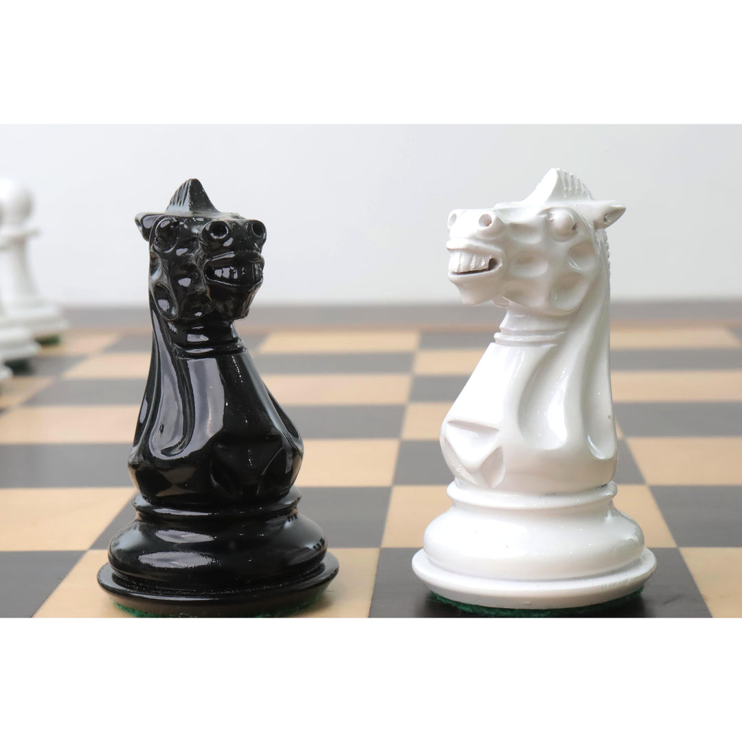 Detailed front view of the uniquely carved black and white lacquer knights in the 1940s Soviet style.