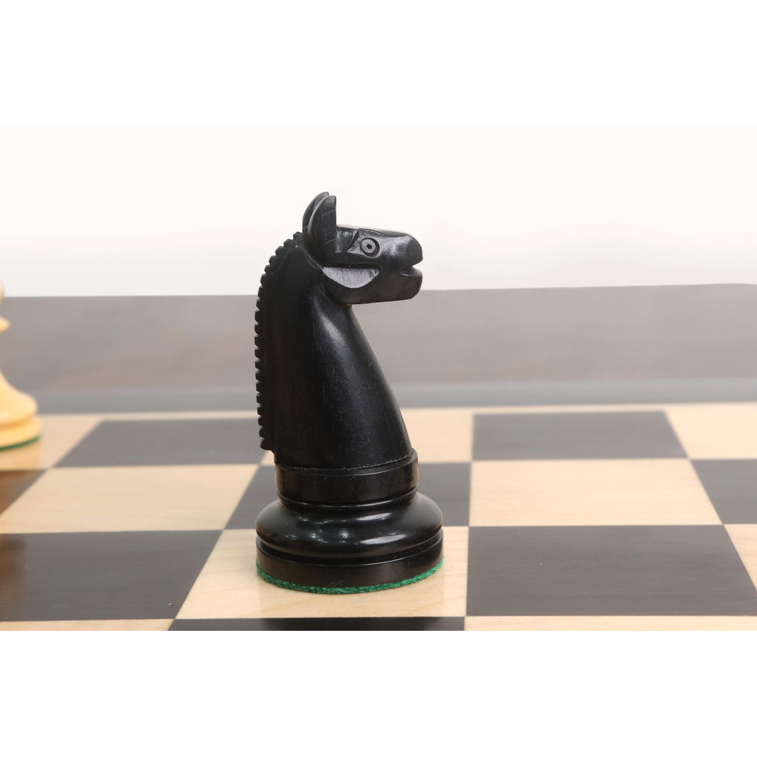 Hand-carved ebony Knight with detailed mane from the 1900s' American Chess Company reproduction.