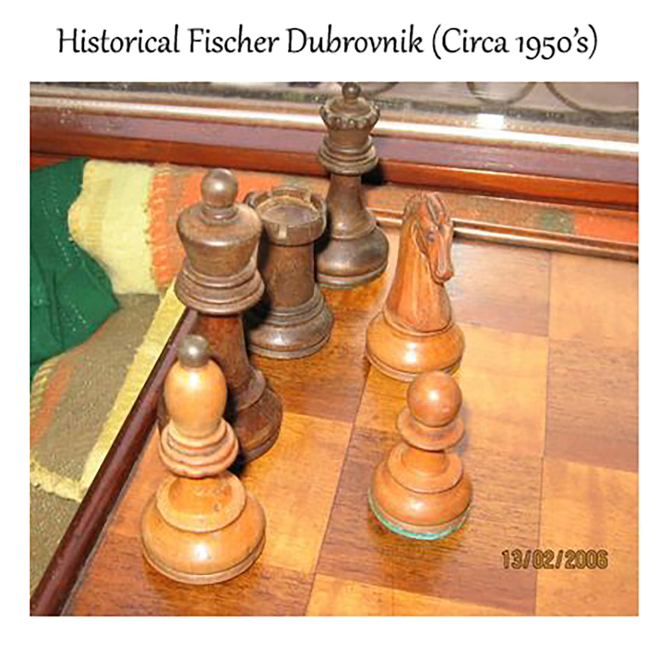Vintage reference photo of an original 1950s Dubrovnik chess set highlighting its historical design.