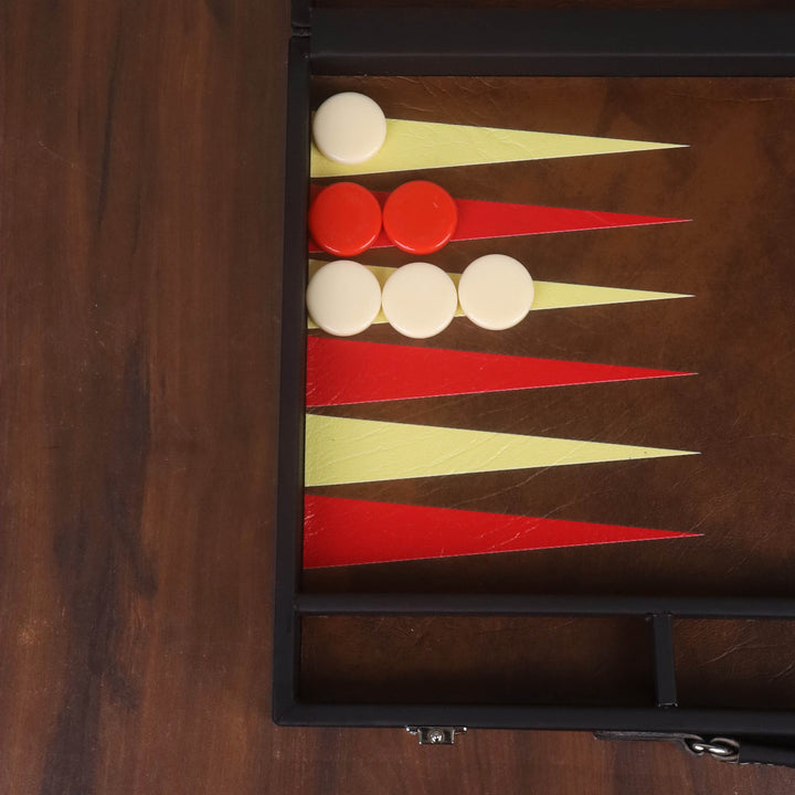 Close-up of the textured leatherette playing surface and triangular inlays with high-quality checkers.