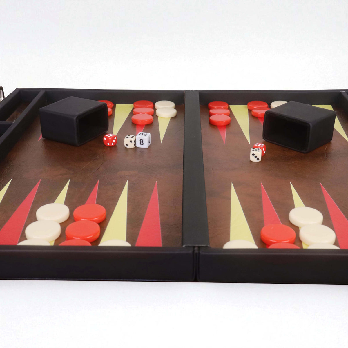 Low-profile view of the luxury backgammon board showing the raised edges and smooth playing field.