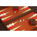 Detailed view of backgammon dice and checkers on an 18 inch chocolate brown leatherette playing field.
