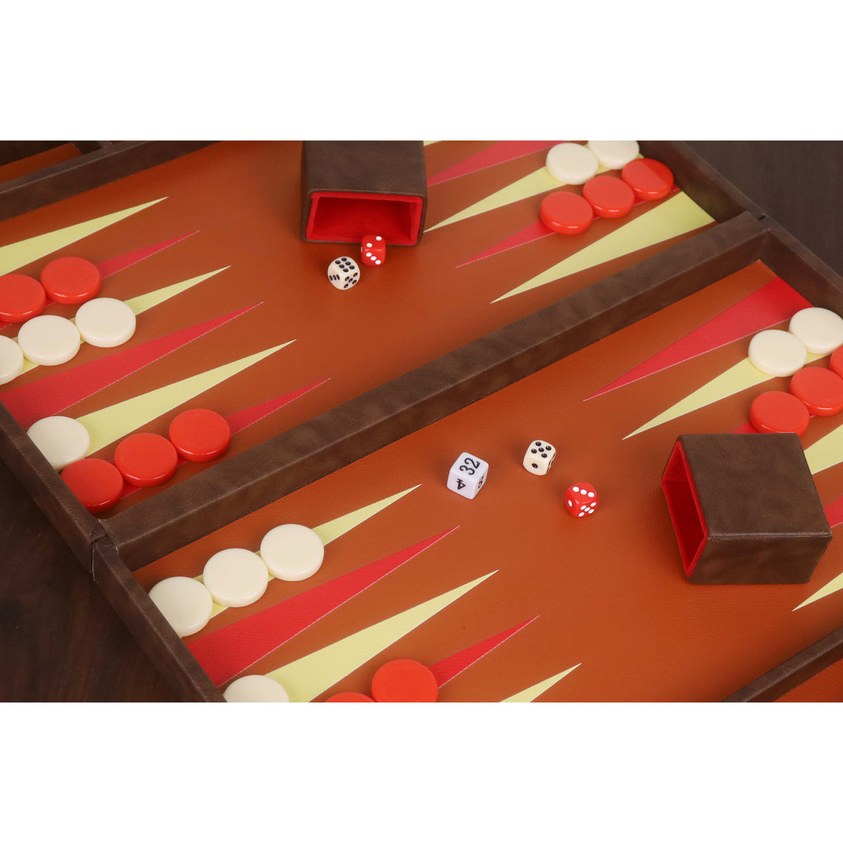 Detailed view of backgammon dice and checkers on an 18 inch chocolate brown leatherette playing field.