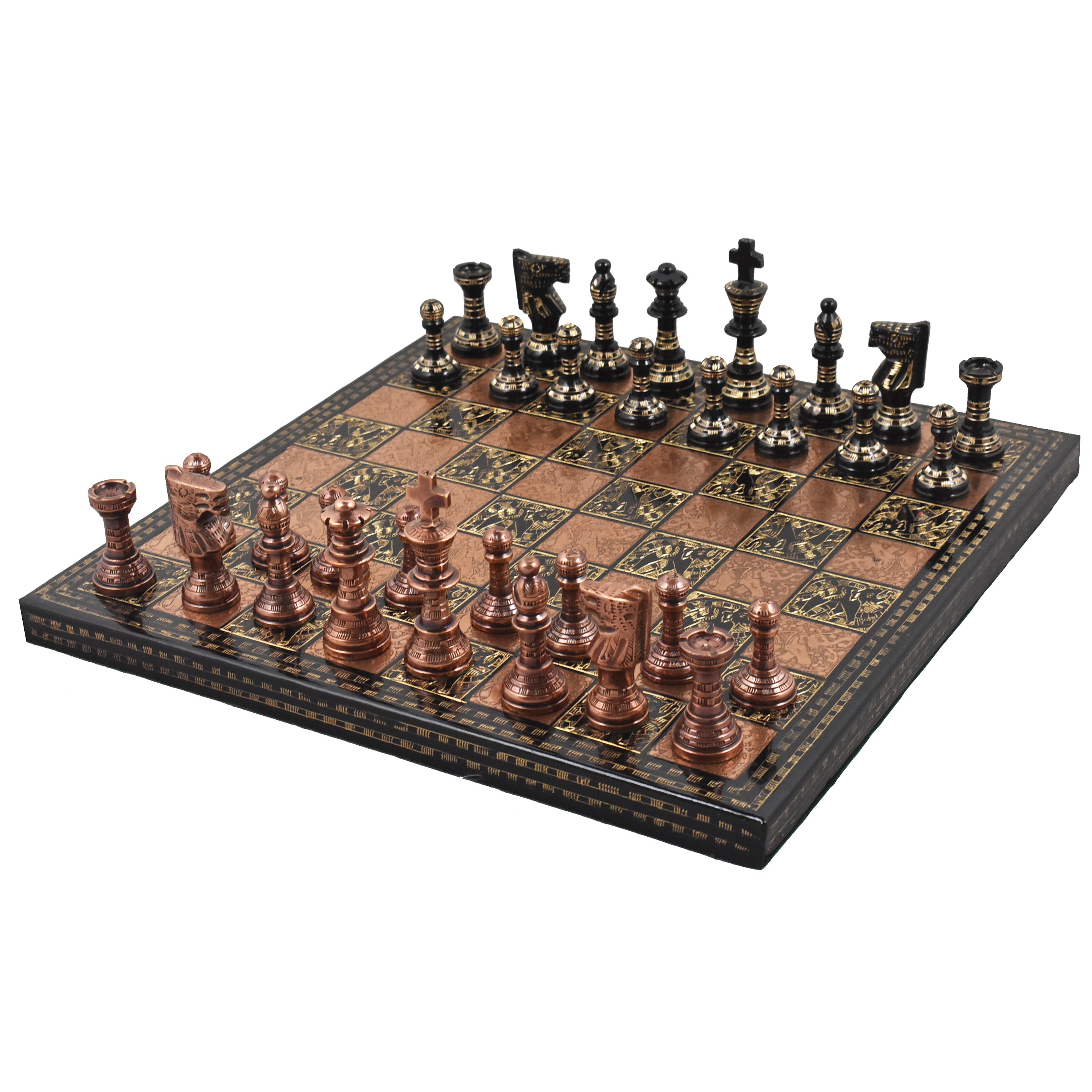 Full 12 inch luxury brass chess set with antiqued copper and black metal French Staunton pieces.