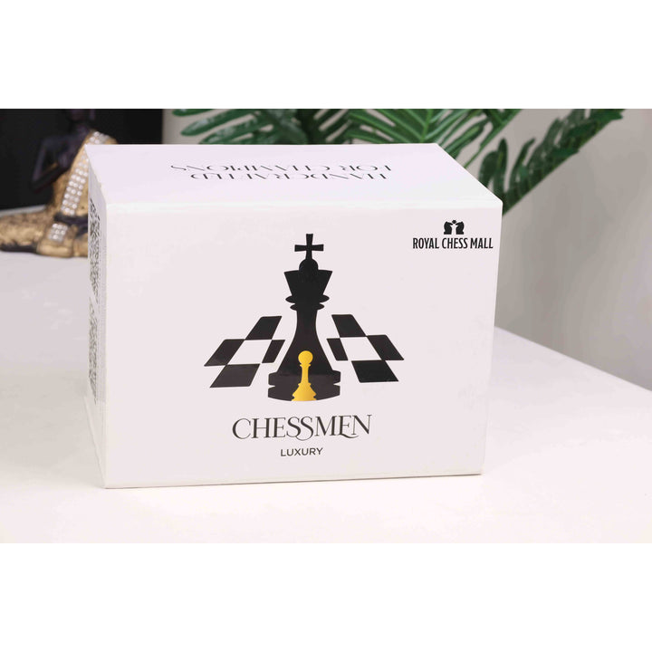 Luxury white storage box for chessmen featuring the Royal Chess Mall logo and gold accents.