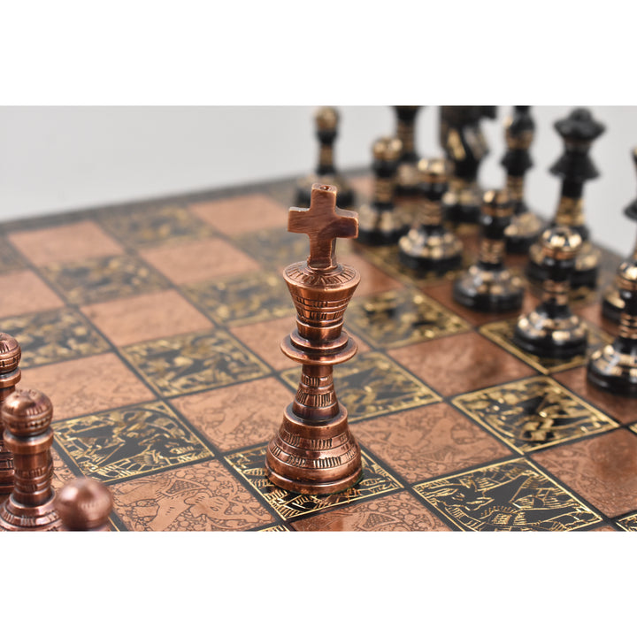 Antiqued copper king chess piece from the French Staunton luxury metal set on an etched board.