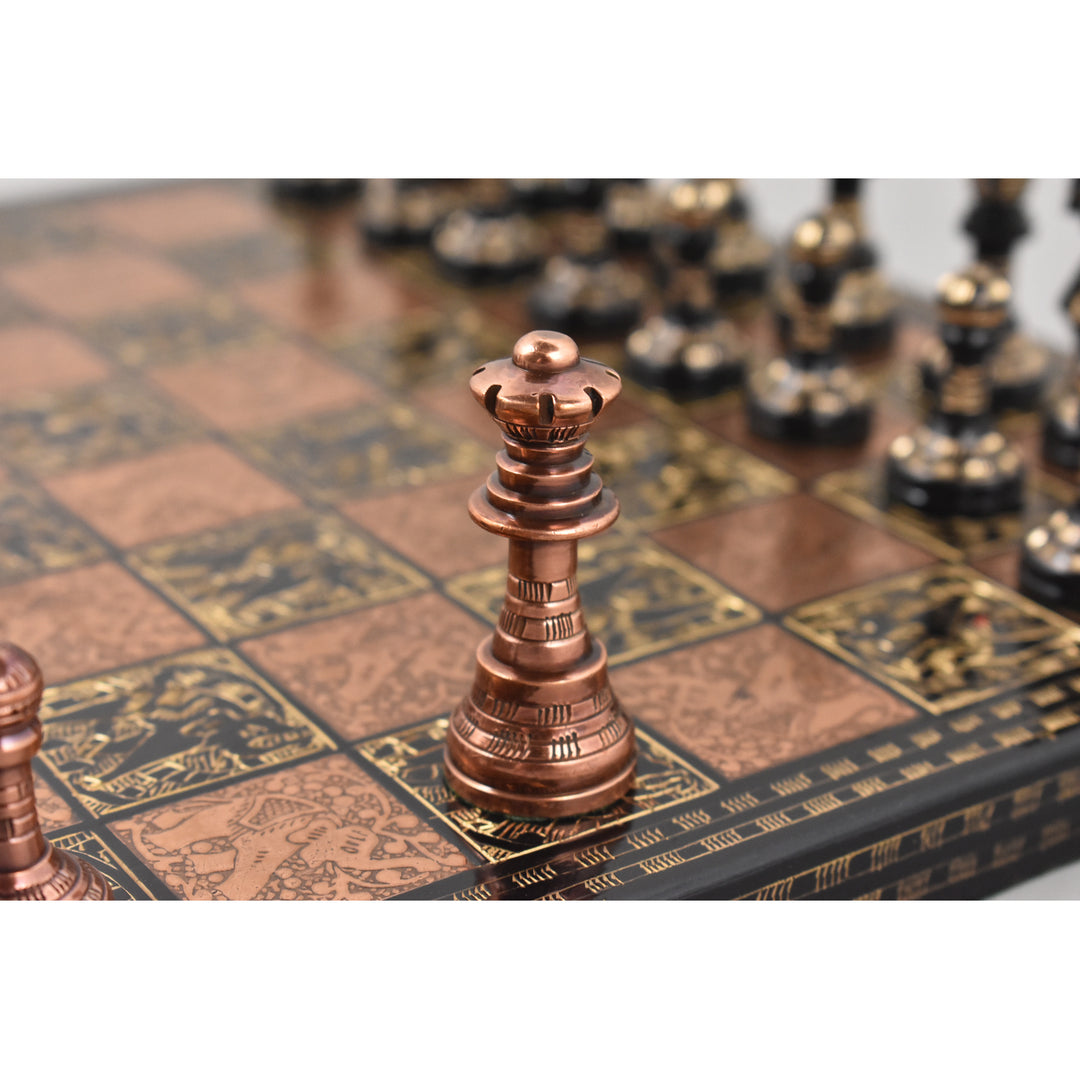 Elegant antiqued copper queen piece from the French Staunton brass metal chess set.