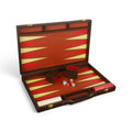Open 18 inch chocolate brown leatherette backgammon board with cream and red points and dice.