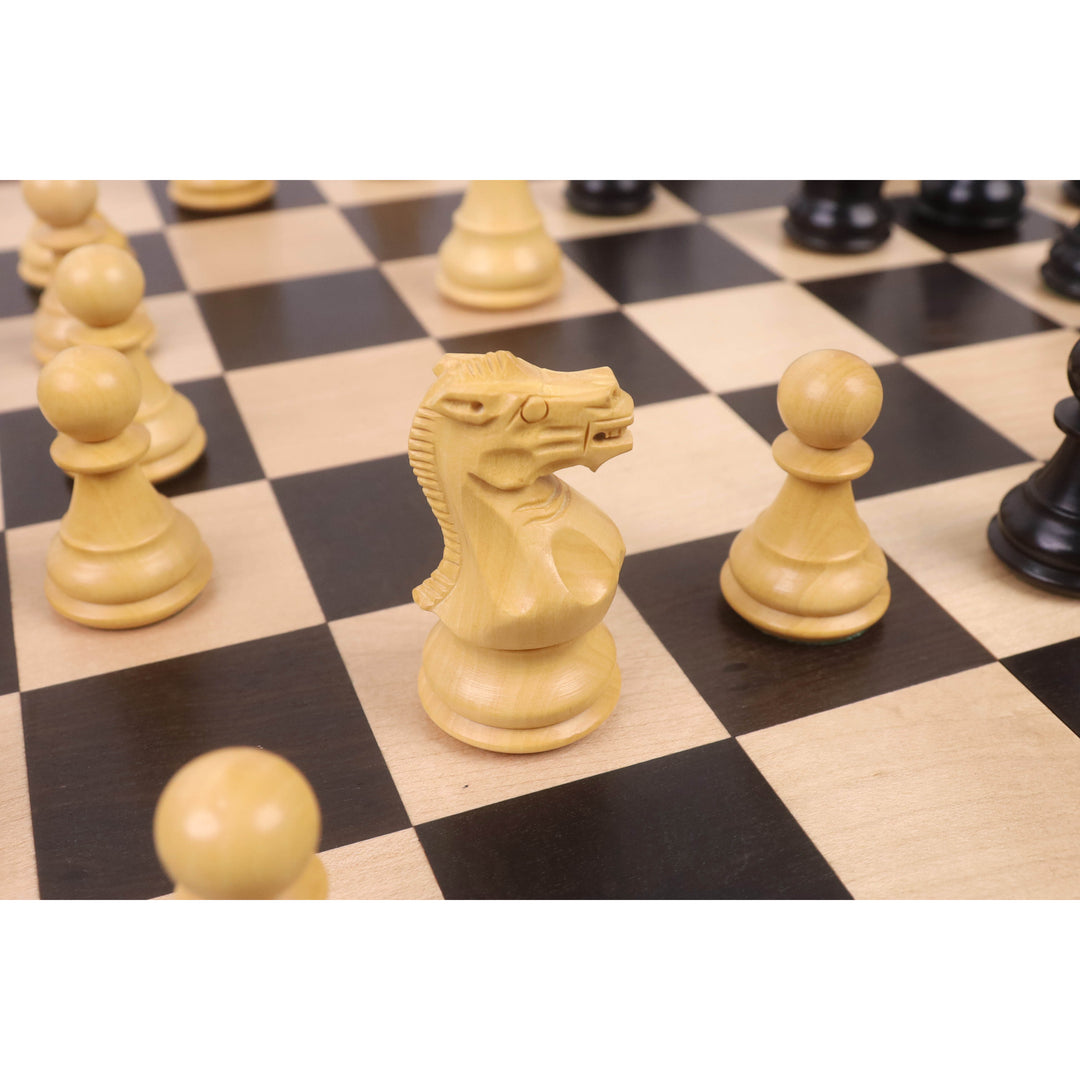 Close-up of a hand-carved natural boxwood knight from the 16 inch magnetic travel chess set.