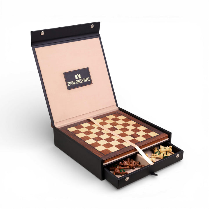 Open gift edition chess case featuring a secured wooden board and a drawer for magnetic pieces.