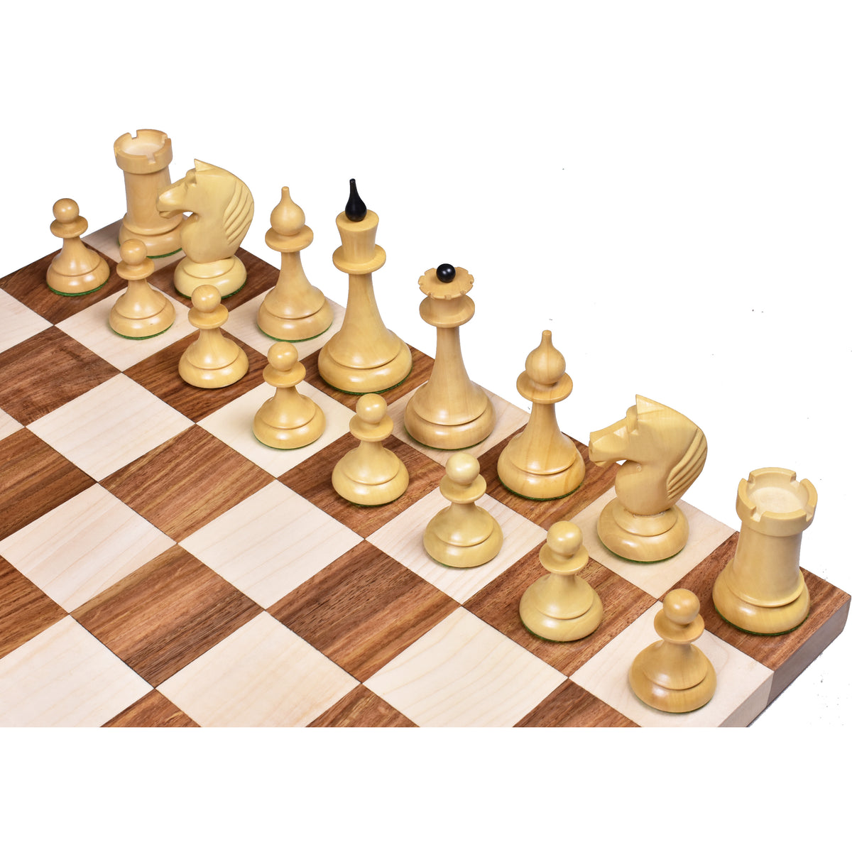 Natural boxwood Soviet Latvian chess pieces displayed in rows on a high-quality wooden chess board.