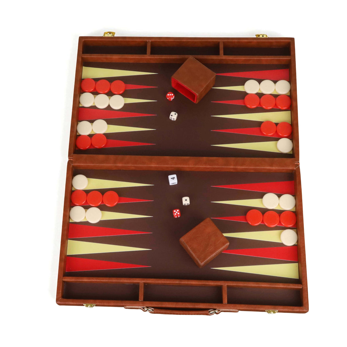 Top-down view of a cognac brown leatherette backgammon board with symmetrical red and yellow points.