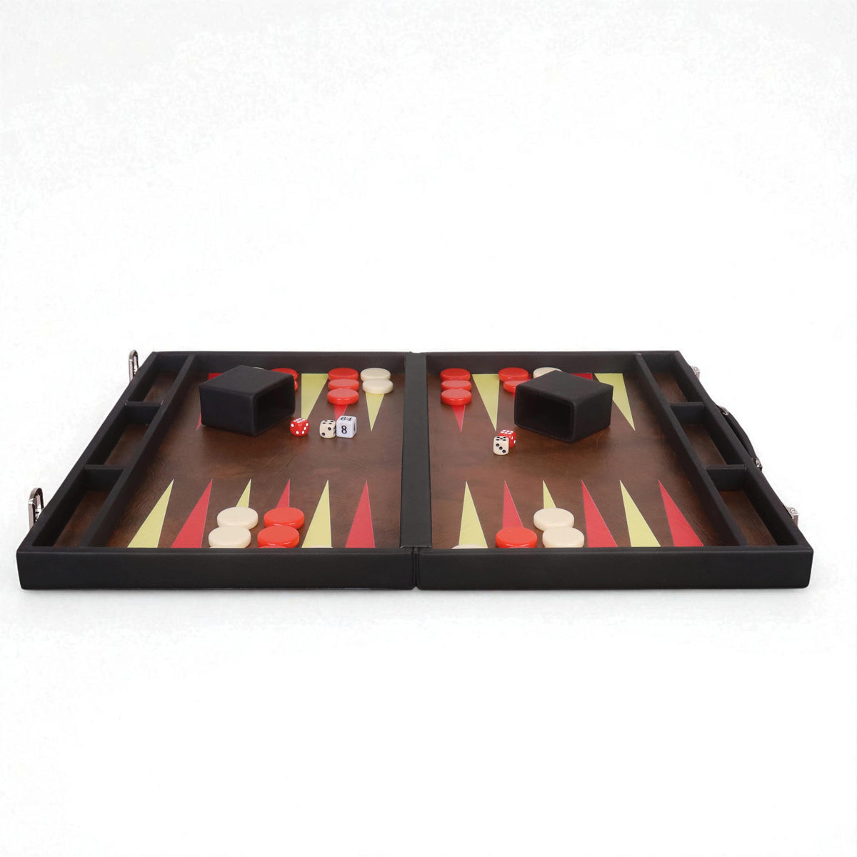 Horizontal profile of the premium backgammon travel set showing the slim briefcase design.