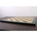 Side view showing the profile and thickness of the 22-inch green wood printed chess board.